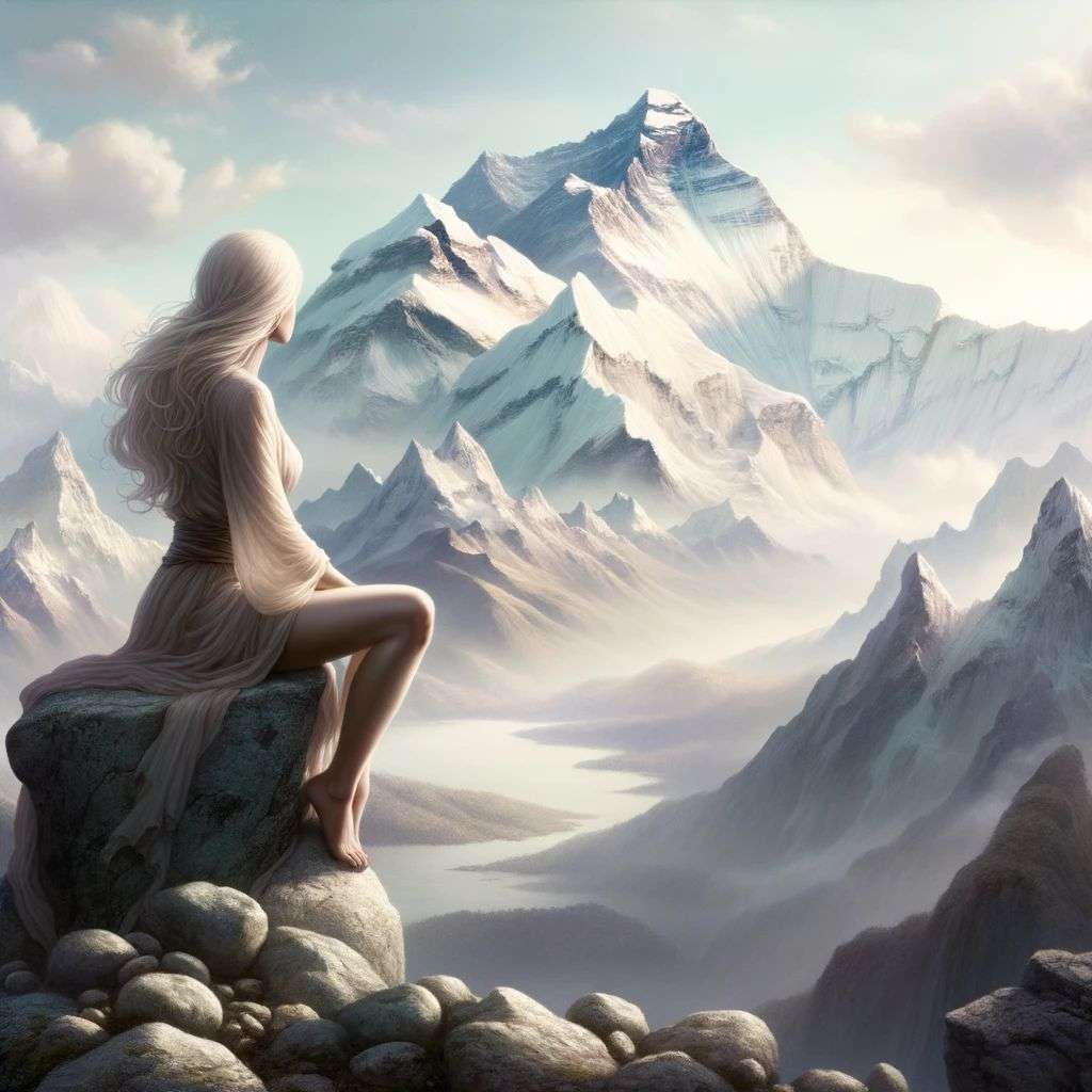someone gazing at Mount Everest, digital art, ethereal